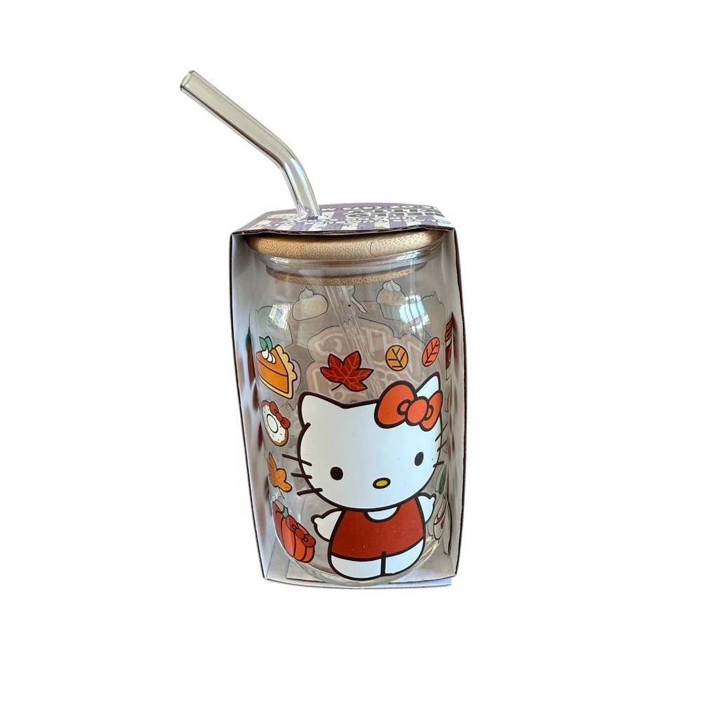 Hello Kitty Fall/Autumn Leaves, Pumpkin Pie Glass Tumbler W‎ Bamboo Lid